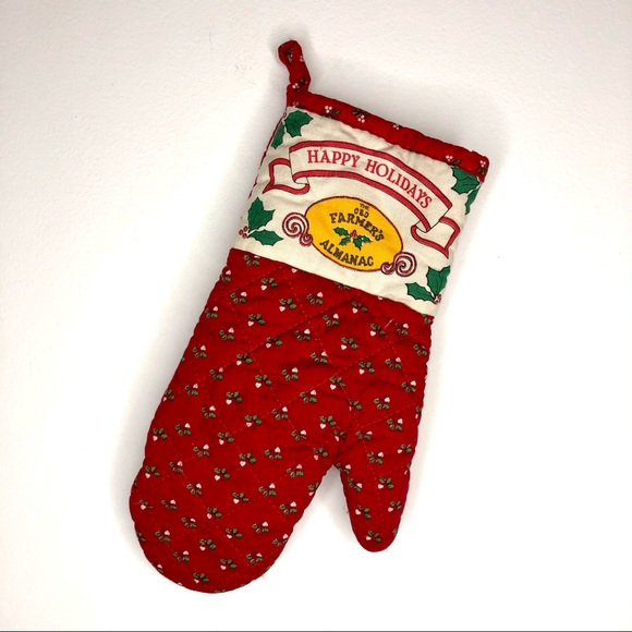 VINTAGE 70s Christmas Apron and Farmers Almanac Red and White Oven Baking Mitt - Picture 7 of 9